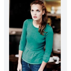 Women's Medium Boden Teal Blue Cotton Blend Peplum 3/4 Sleeve Sweater